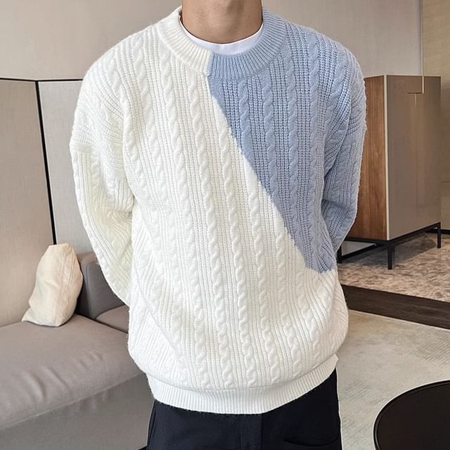 Nightbell-Round Neck Two Tone Cable Knit Sweater