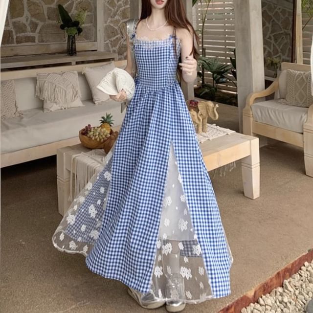 Trendycas-Spaghetti-Strap Plaid Lace Panel Maxi Dress