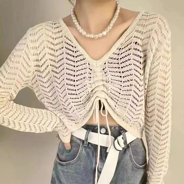 INEN-Long Sleeve V-Neck Plain Drawstring Crop Top