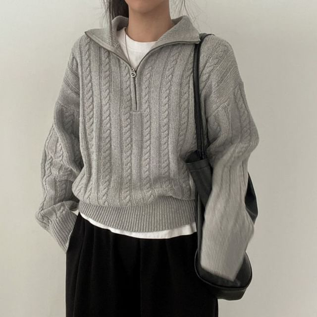 【COSYHARU】Cable long sleeve knit half zip up ver PINPI - Long-Sleeve Plain Half-Zip Cable Knit Sweater | YesStyle