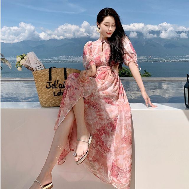 Juuri - Elbow-Sleeve Crew Neck Keyhole Floral Print Cut Out Maxi A-Line Dress | YesStyle Juuri - Elbow-Sleeve Crew Neck Keyhole Floral Print Cut Out Maxi A-Line Dress | YesStyle