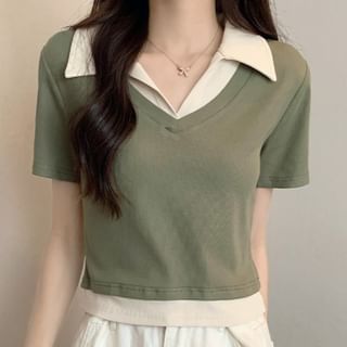 Dute Short-Sleeve Collared Mock Two-Piece Two Tone Ribbed Crop T-Shirt