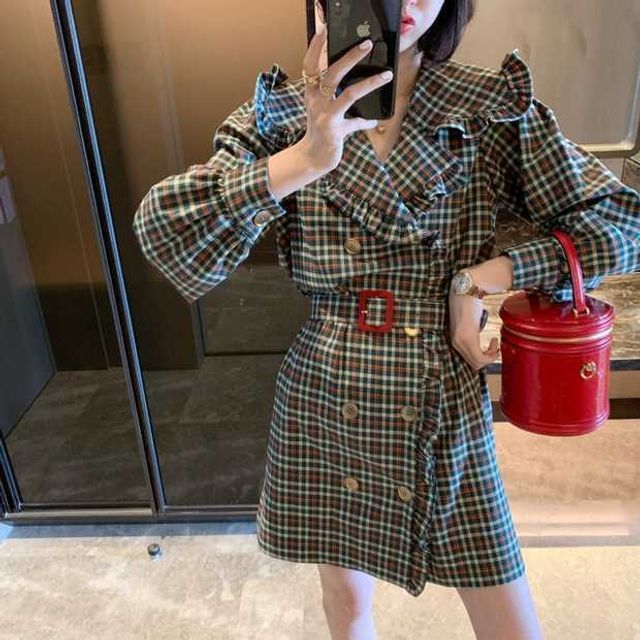 ISSOL-Long-Sleeve Collared V-Neck Plaid Double Breasted Mini A-Line Dress