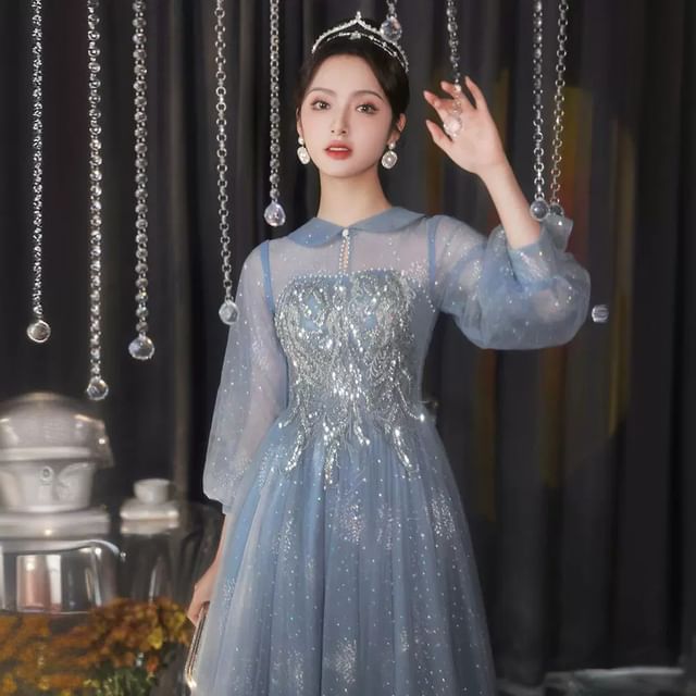 DreesHouse-Puff-Sleeve Collar Sequin Glitter A-Line Evening Gown