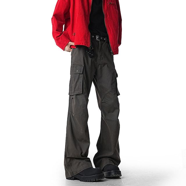 Kimeya-High Waist Plain Flared Cargo Pants