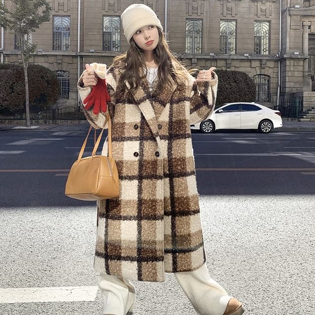 JVL-Lapel Collar Plaid Double-Breasted Long Coat