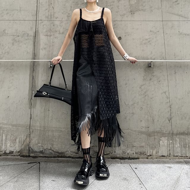 KUMI - Patterned Asymmetrical Lace Midi Overall Dress | YesStyle