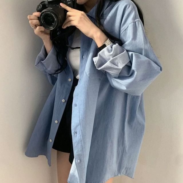 innomori-Long-Sleeve Plain Button-Up Shirt