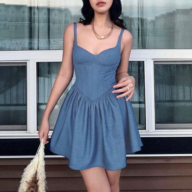 navy blue dress for baby girl INSGOTH - Spaghetti Strap Plain Denim Mini A-Line Corset Dress