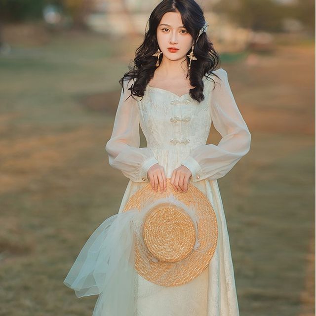 Long-Sleeve Frog-Button Midi A-Line Dress