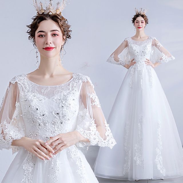 Angel Bridal Crochet Trim Cape-Sleeve Mesh A-Line Wedding Gown