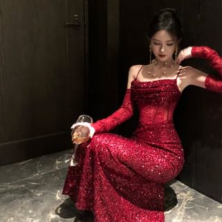 Lexama Set: Spaghetti Strap Scoop Neck Sequin Evening Gown Gown + Arm Sleeves Sale