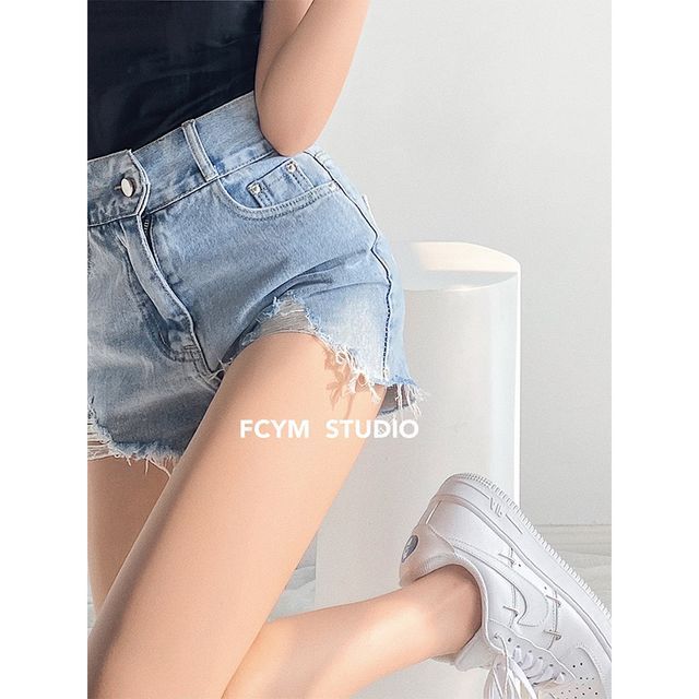 Distressed High-Waist Denim Hot Shorts - Technical View