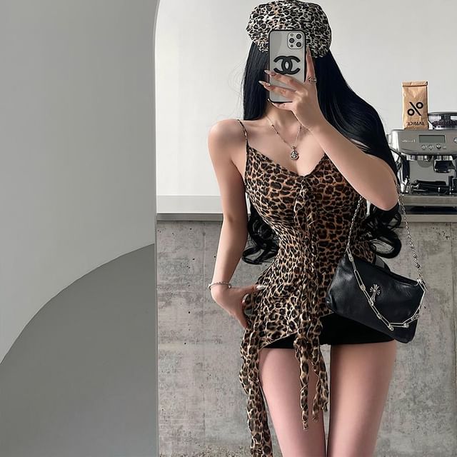 RainGirl-V-Neck Leopard Print Asymmetrical Ruffle Trim Open Back Crop Cami Top