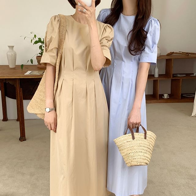 Coris-Short-Sleeve Crew Neck Plain Maxi Sundress