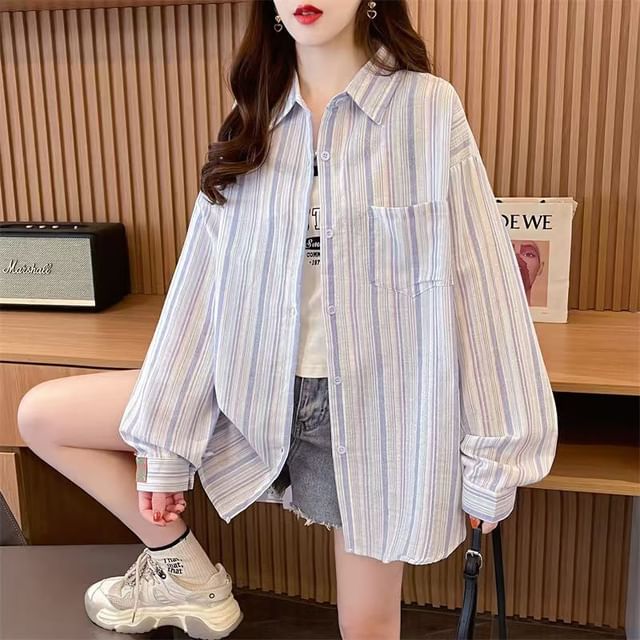 Sienne-Long Sleeve Collared Striped Button Up Shirt