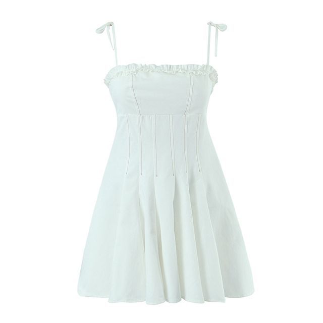 Ulark-Spaghetti Strap Plain Ruffle Trim Mini A-Line Dress