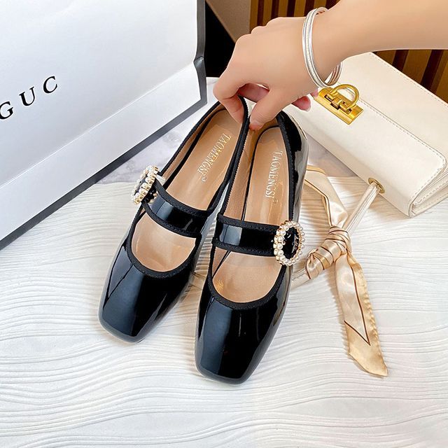 Anran-Square-Toe Rhinestone Buckled Mary Jane Shoes