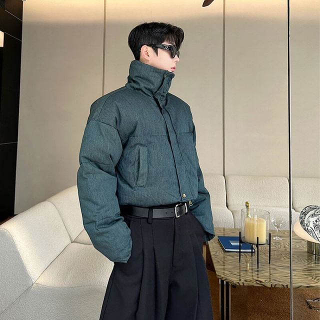 Orungeetun-Stand Collar Zip-Up Denim Puffer Jacket