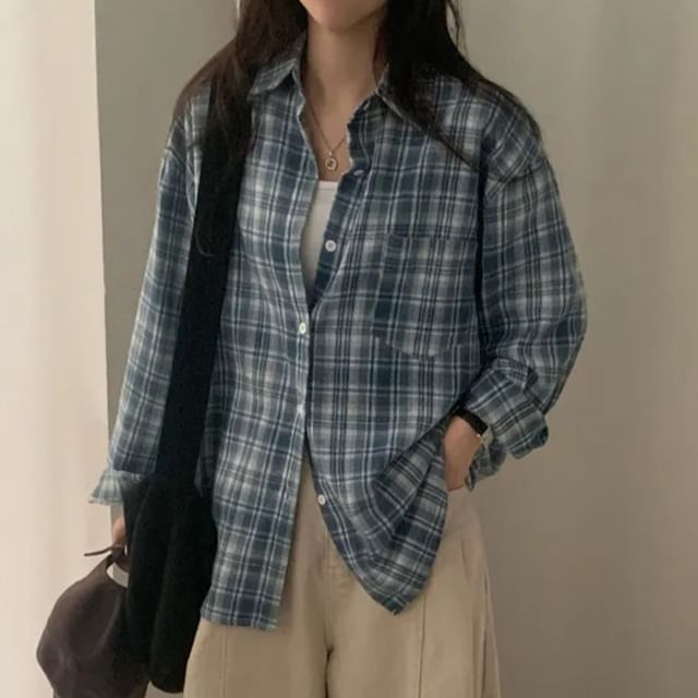Janerium-Long-Sleeve Plaid Button-Up Shirt