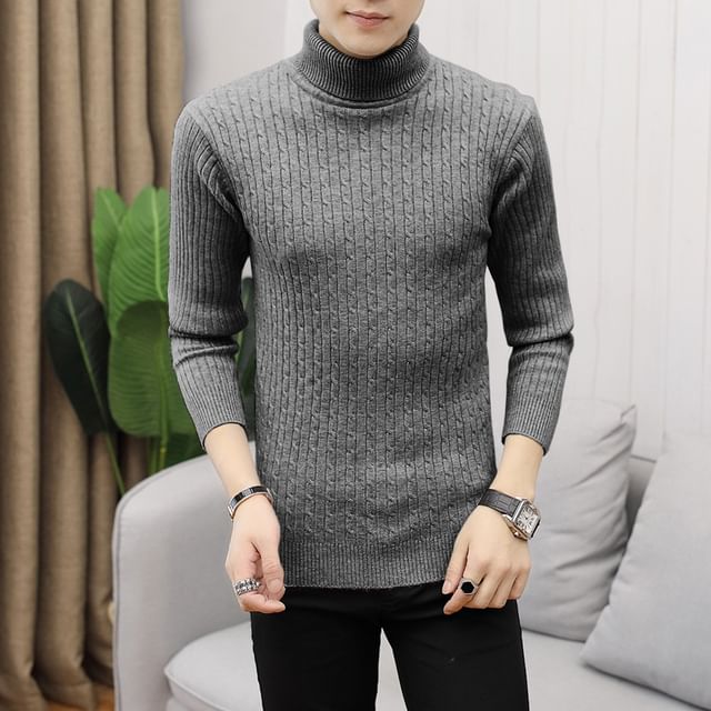 YIKES-Turtleneck Plain Ribbed Sweater