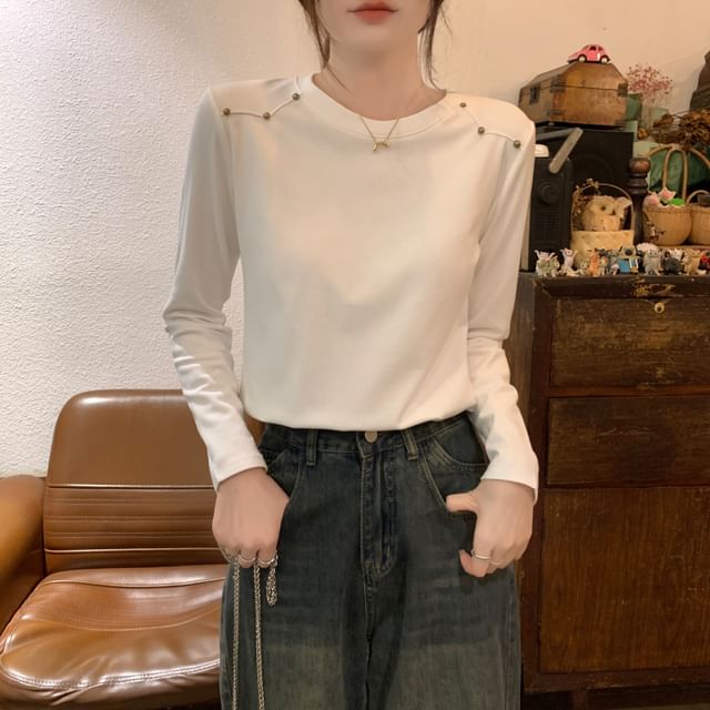 Dragan Pulse-Long-Sleeve Crew Neck Plain Beaded Tee
