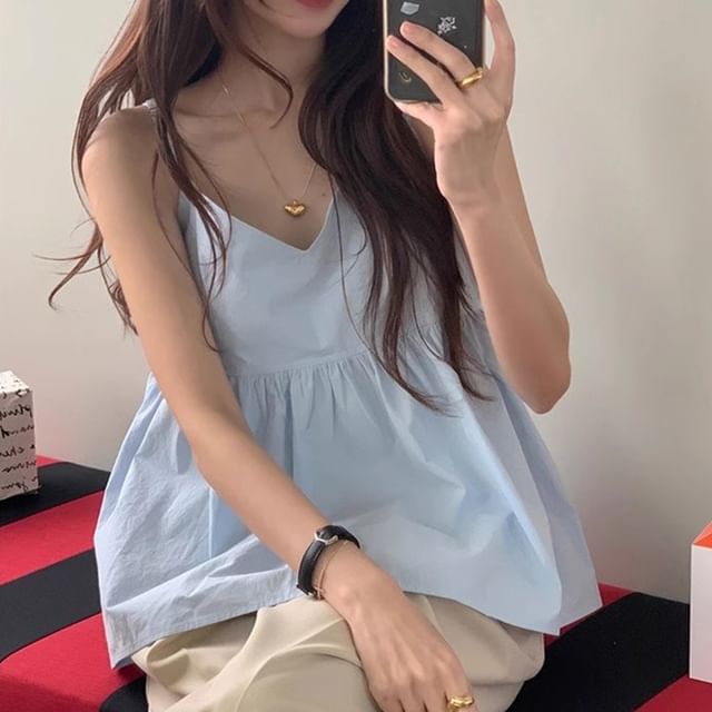 Coris-V-Neck Plain Flowy Cami Top