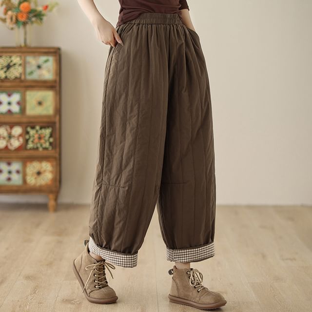 MIKIGA-Elastic Waist Gingham Panel Cropped Baggy Pants