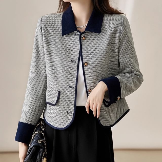 Jeonseon-Collar Contrast Trim Tweed Button Jacket