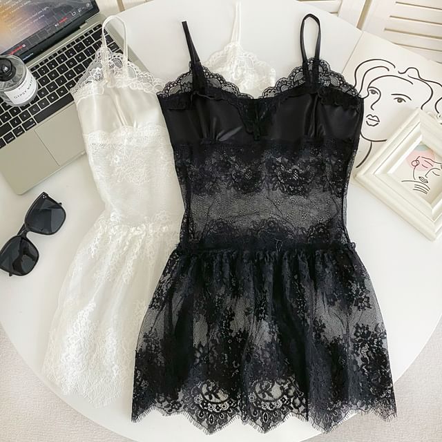 Iasia-V-Neck Plain See-Through Lace Cami Top