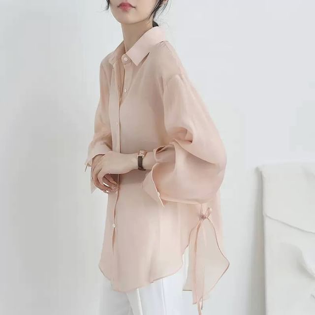 Lewwe-Long-Sleeve Collared Plain Sheer Shirt