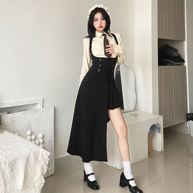 Klulesh - Lace-Up Asymmetrical Midi A-Line Suspender Dress | YesStyle