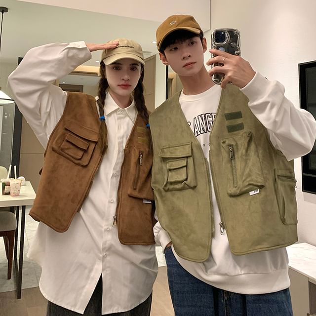 Bay Go Mall-Couple Matching Plain Zip Utility Vest