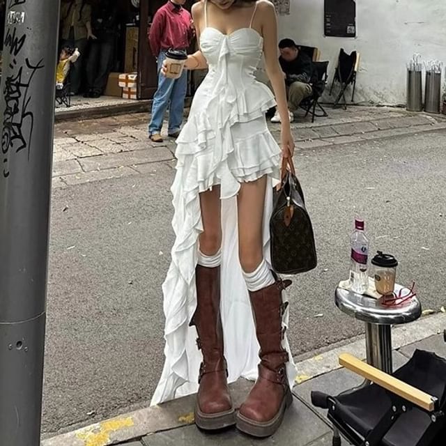 Essere-Spaghetti Strap Plain Ruffle Asymmetrical Sundress