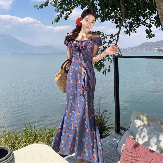 WIKPROM - Cap-Sleeve V-Neck Floral Ruffle Trim Midi Mermaid Dress | YesStyle