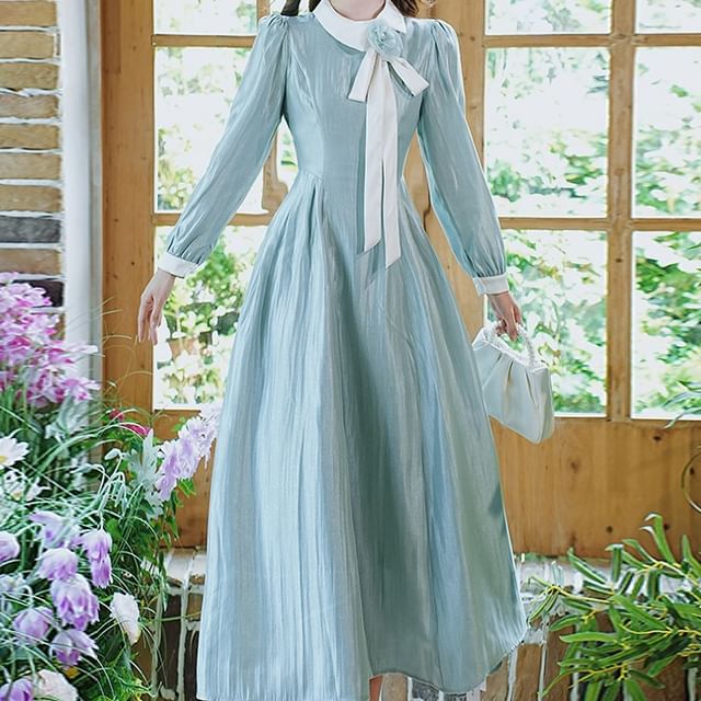Long Sleeve Collared Bow Panel Midi A-Line Dress