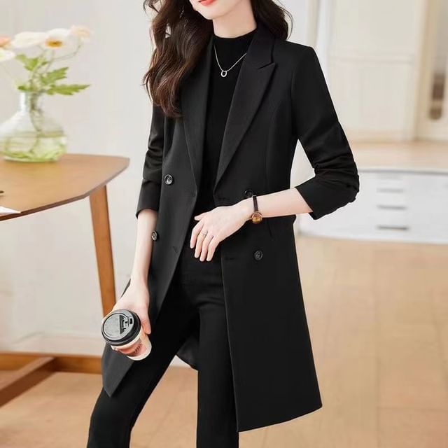 Everose-Peak Lapel Plain Double-Breasted Coat