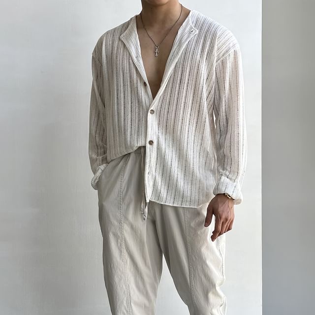 mopagrati-Crew Neck Plain Perforated Button-Up Cardigan