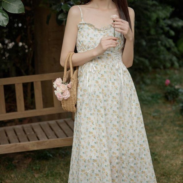 Glaypio - Spaghetti Strap Floral Print Ruffled Midi A-Line Dress / Plain  Shrug | YesStyle