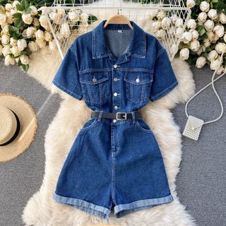 short sleeve denim romper