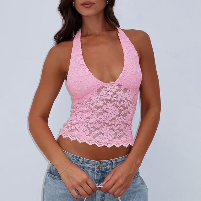 Alizio-Halter V-Neck Plain Lace Top
