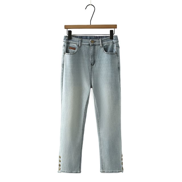 Tripoly-40 High Waist Buttoned Hem Tapered Jeans
