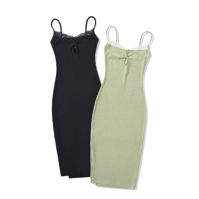 Ulark-Spaghetti Strap Keyhole Panel Lace Midi Sheath Dress