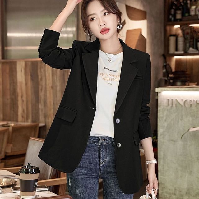 Jeonseon-Notch Lapel Plain Slit Back Single-Breasted Blazer
