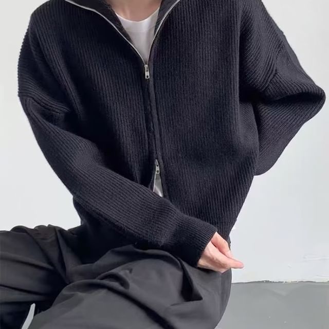 Dukakis-Stand Collar Plain Zip Knit Jacket