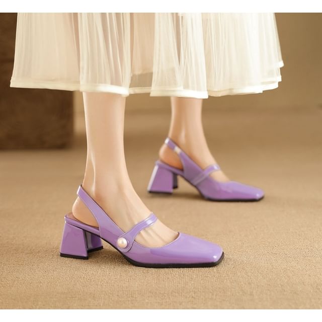 Cinnabelle-Square Toe Patent Leather Slingback Block Heel Mary Jane Pumps