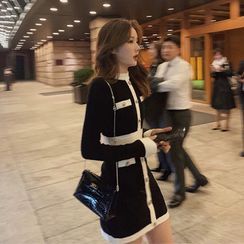 Apotheosis - Long-Sleeve Contrast Trim Embellished Fleece Dress Apotheosis - Long-Sleeve Contrast Trim Embellished Fleece Dress