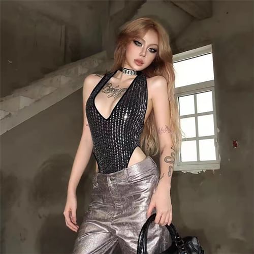 Sequin Bodysuit/Top In Silver | Jenerique | SilkFred US