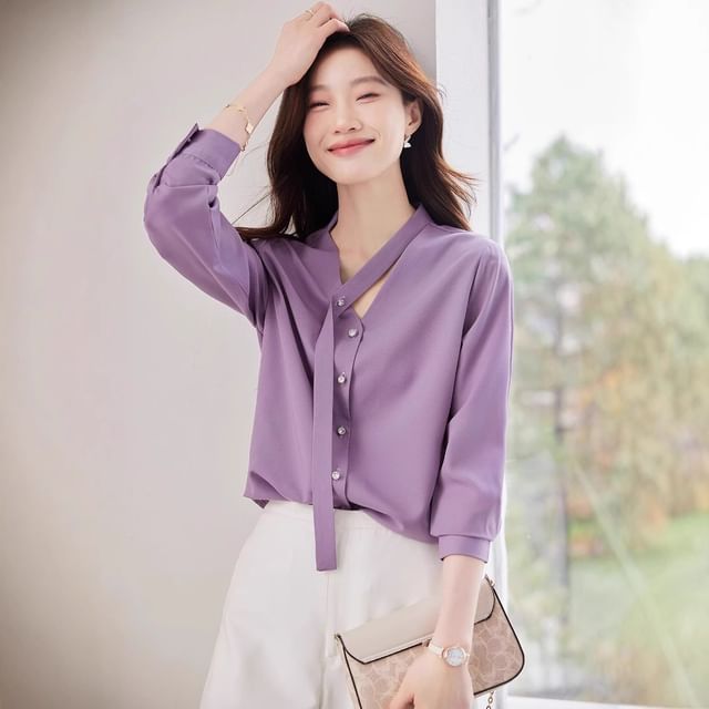 Princess Min-Long-Sleeve V-Neck Plain Blouse