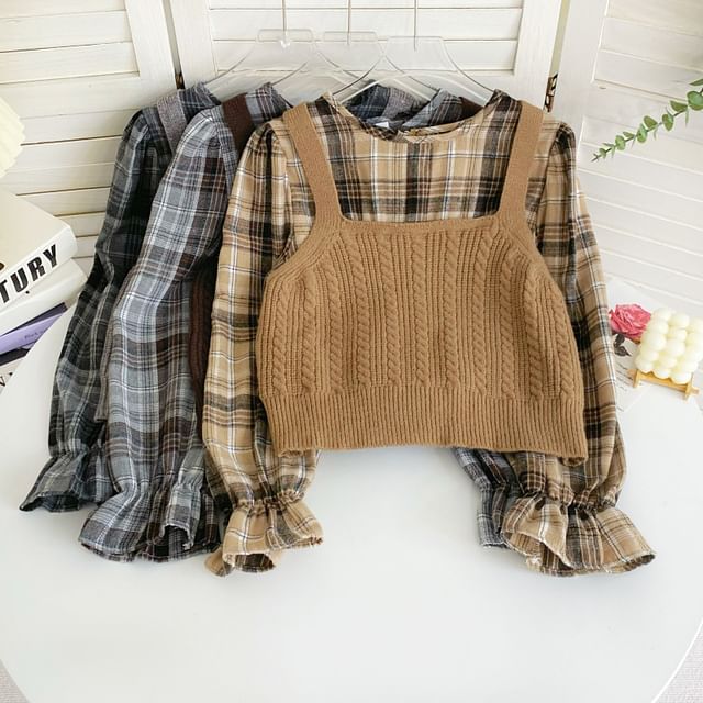 Iasia-Mock Two-Piece Long-Sleeve Plaid Blouse